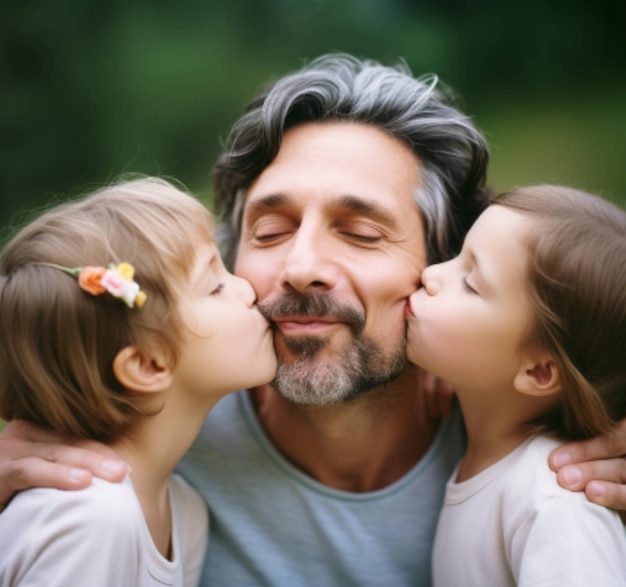 Een man met twee kleine meisjes op zijn gezicht die een man kust