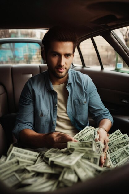 Foto een man met veel geld in zijn auto.