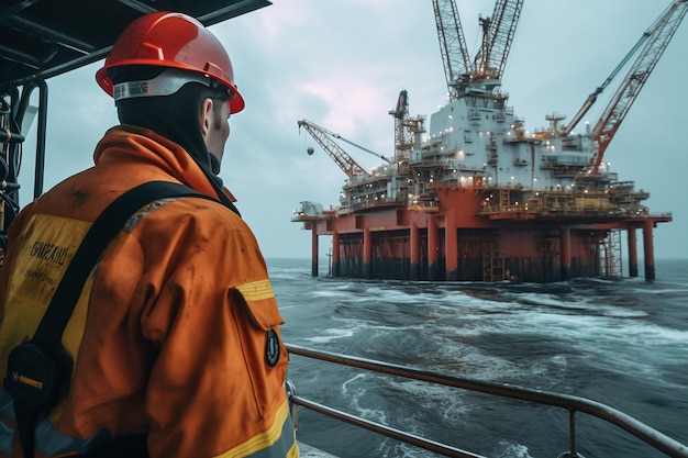 Een man met veiligheidsvest en helm staat op een boot in het water en kijkt naar een groot booreiland