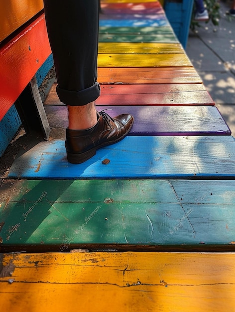 Foto een man met voeten naast een kleurrijke bank in de stijl van een rainbowcore zwarte foto genomen