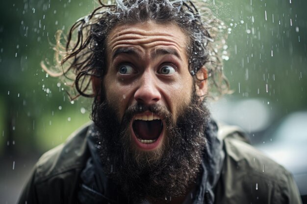 Foto een man met zijn mond open en water dat uit zijn haar spat