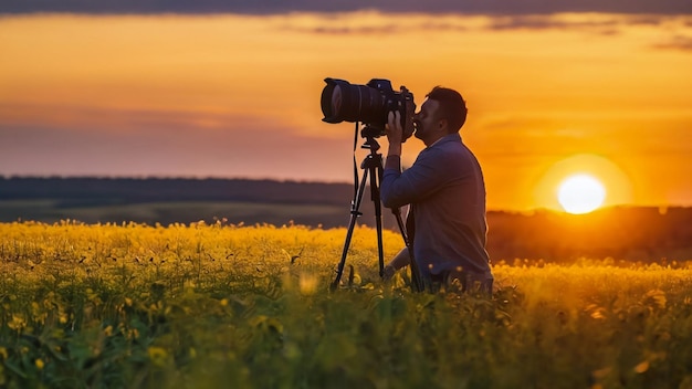 een man neemt een foto van een veld met een camera en een zonsondergang achter hem