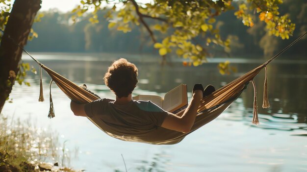 Foto een man ontspant zich in een hangmat en leest een boek bij het meer op een zonnige dag