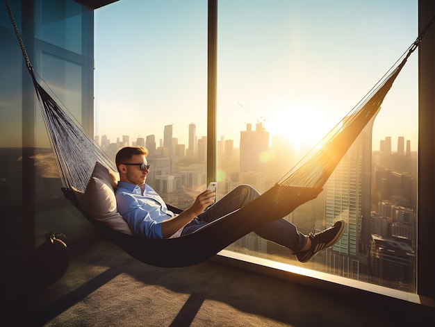 Een man ontspant zich in een hangmat op een balkon met uitzicht op de stad een man ontspannend in een Hangmat verdiept in een goed boek