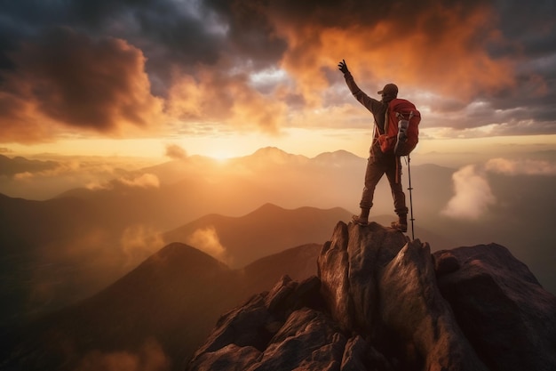 Een man op de top van een berg met zijn handen omhoog op de bovenkant van de berg