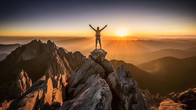 Een man op een bergtop met de ondergaande zon achter hem