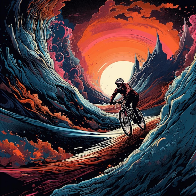 een man op een fiets in een kleurrijk landschap.