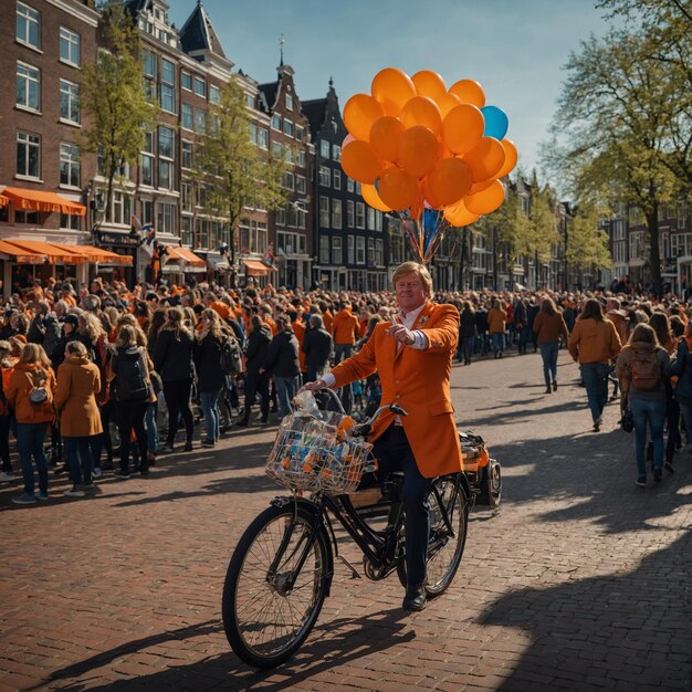 een man op een fiets met ballonnen in de lucht en een man met een fiets met een stel ballonnen in het lucht