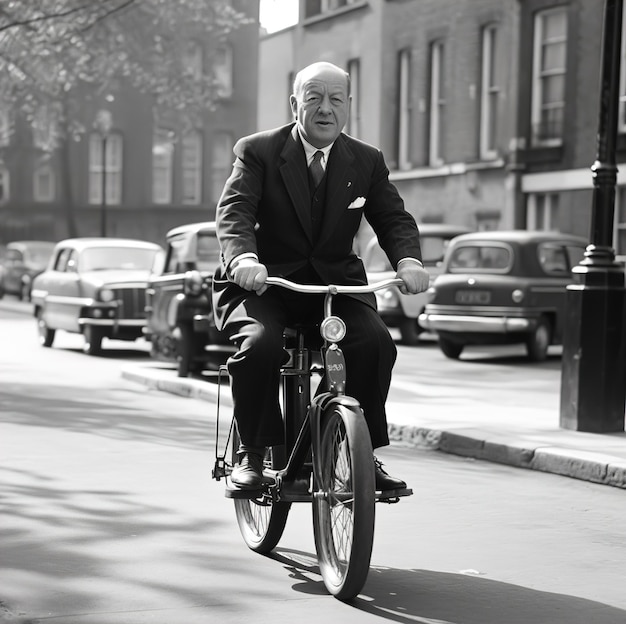 Een man op een fiets met een hoed op