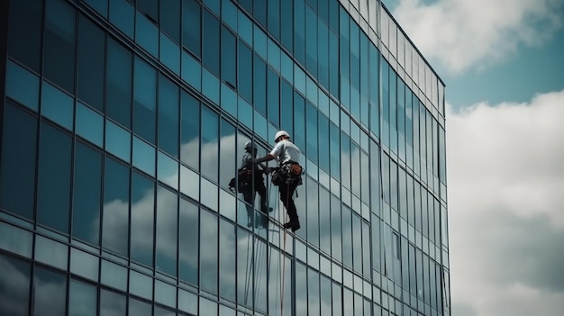 Een man op een glazen gebouw wast een raam