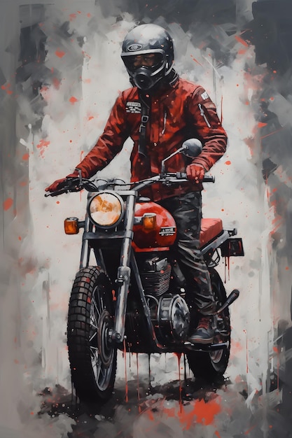 Een man op een motorfiets met een rode jas en een helm.