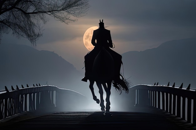Een man op een paard bij volle maan.