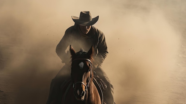 Een man op een paard met een cowboyhoed in het stof van de prairie.