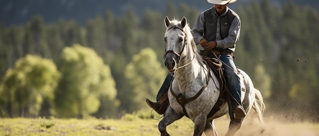 Een man op een paard met een cowboyhoed.