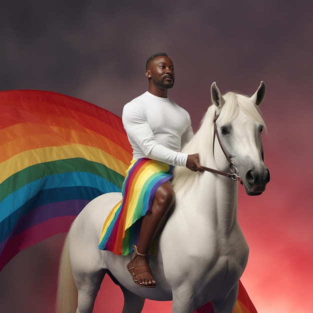 Een man op een paard met een regenboogvlag op zijn staart.