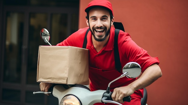 een man op een scooter met een papieren zak op zijn hoofd en een papieren zak aan de voorkant.