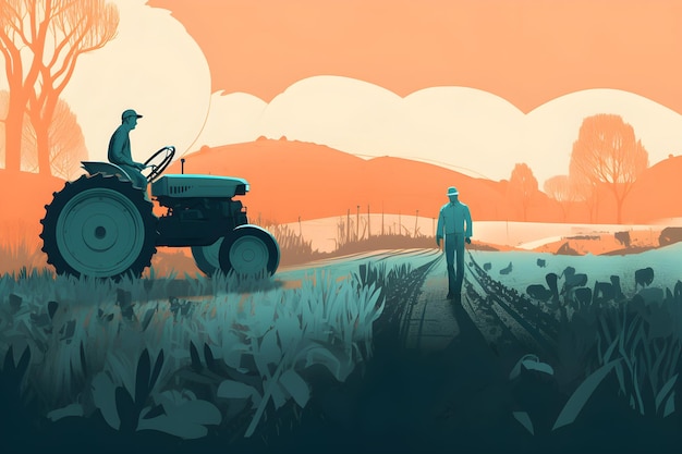 Een man op een tractor kijkt naar een man op een veld