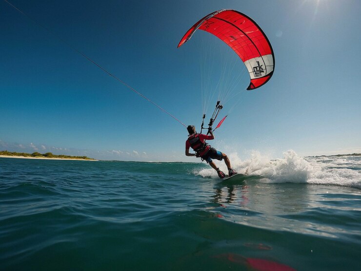 een man parasailt op het water met een rood zeil
