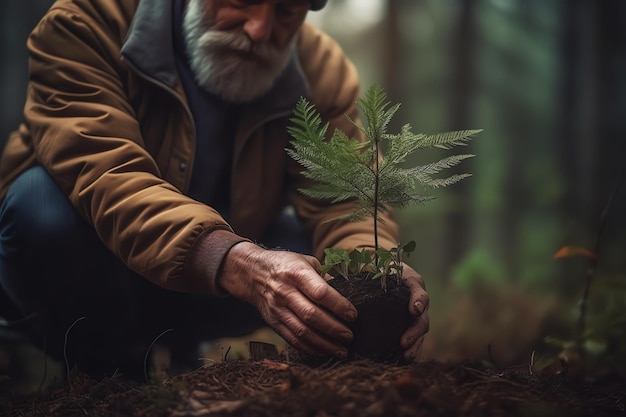 Een man plant een boom in het bos