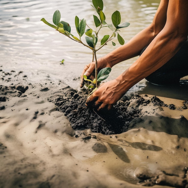 Een man plant een boom in het water