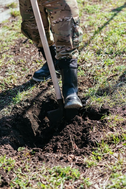 Een man plant een jonge boom De boer graaft de grond met een schop voor een kleine zaailing Het concept van bescherming van het milieu en ecologie