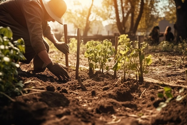 Een man plant een zaailing in een tuin.