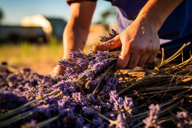 Foto een man plukt lavendel uit een veld.