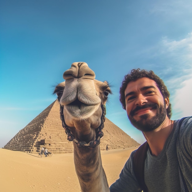 Een man poseert met een kameel en de piramide achter hem