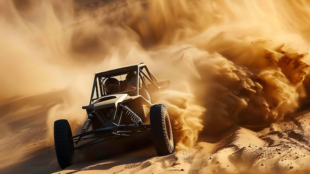 Een man rijdt een duin buggy door de woestijn de buggy is omringd door zand en de man draagt een helm