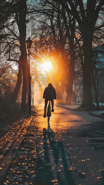 een man rijdt op een fiets bij zonsondergang