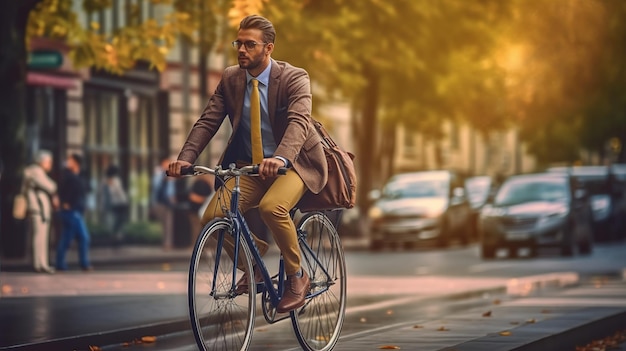 Foto een man rijdt op een fiets in een stadsstraat.