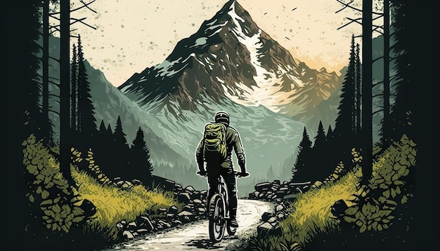 Een man rijdt op een fiets op een pad met een berg op de achtergrond.