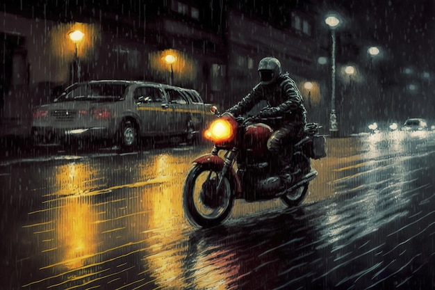 Een man rijdt op een motorfiets in de regen.