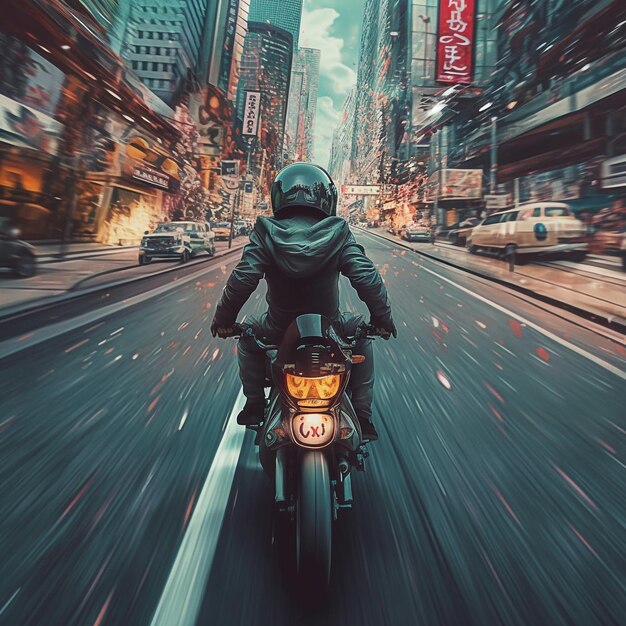 Foto een man rijdt op een motorfiets in de stad.
