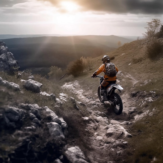 Foto een man rijdt op een motorfiets op een heuvel met de zon op de top.