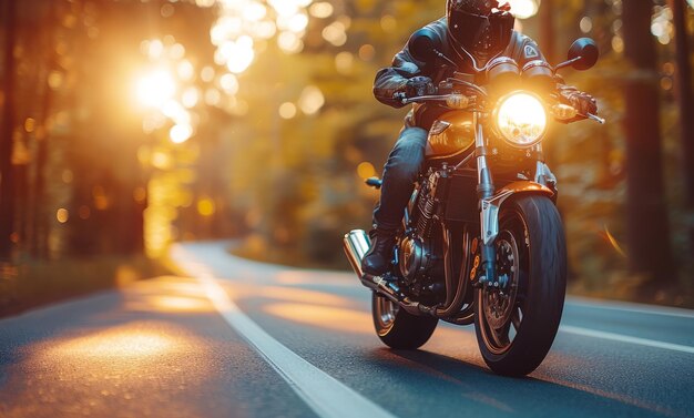 Een man rijdt op een motorfiets op een weg met de zon schijnend op hem Concept van vrijheid en avontuur als de rijder neemt in de schoonheid van de natuurlijke omgeving