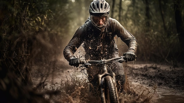 Een man rijdt op een mountainbike door de modder