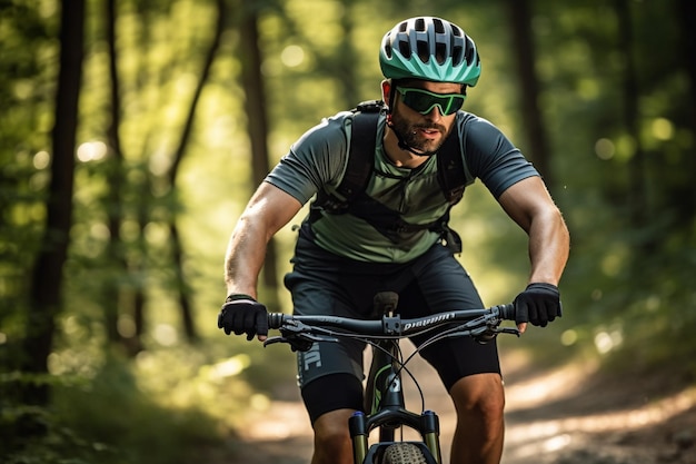 Een man rijdt op een mountainbike in een helm en toerusting op de weg in een groen bos