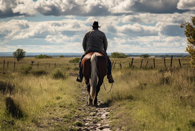 Foto een man rijdt op een paard in de bergen