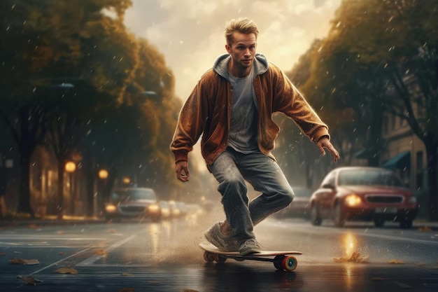 Een man rijdt op een skateboard in de regen