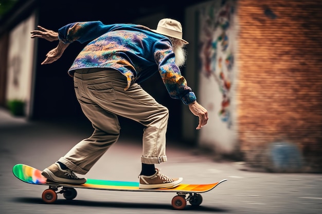 Een man rijdt op een skateboard op straat.