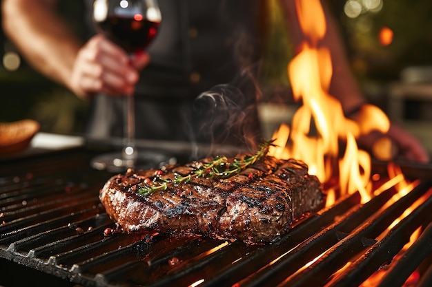 Een man roostert een rib eye steak op een grillvuur en drinkt rode wijn