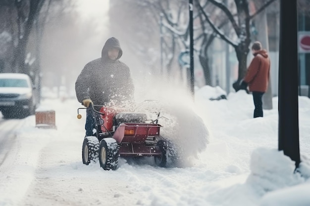 Een man ruimt sneeuwvlokken met een sneeuwblazer op een stadsstraat op een winterdag
