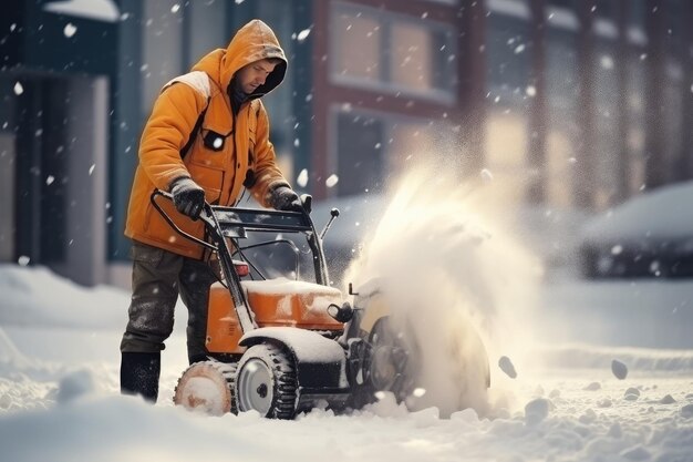 Een man ruimt sneeuwvlokken met een sneeuwblazer op een stadsstraat op een winterdag