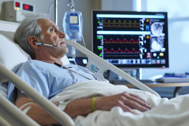 Foto een man rusten in een ziekenhuisbed terwijl het dragen van een headset remote patiënt monitoring systeem in gebruik ai gegenereerd