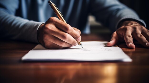 Foto een man schrijft op een stuk wit papier met een pen