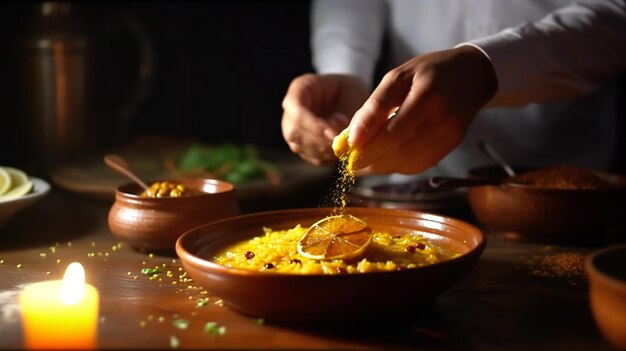 Een man serveert eten in een kom met een vuur op de achtergrond