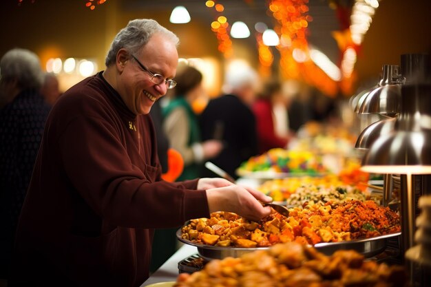 Een man serveert eten van een buffettafel.