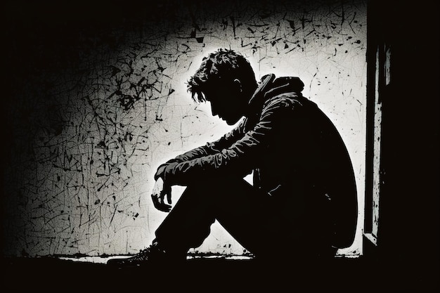 Een man silhouet zittend op de vloer van een lege kamer die er depressief uitziet