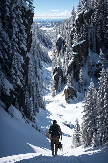 Een man skiet een besneeuwde berg af met bomen op de achtergrond.